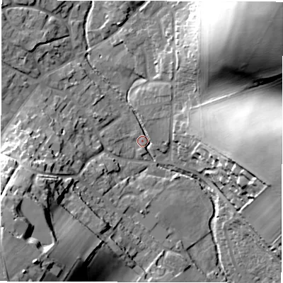 Shaded relief map of the ground around RG178PQ, computed from Environment Agency LiDAR. The ground here sits at about 125 m above sea level and falls 37 m across the surrounding 800 m. Surface water reaching this point runs off ground lying to the north-east, 28.2 m higher.