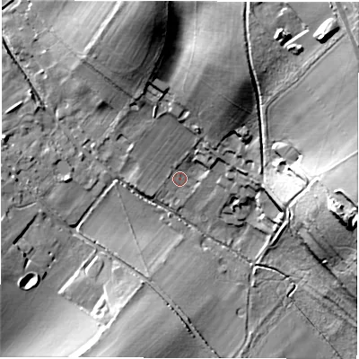 Shaded relief map of the ground around RG178QH, computed from Environment Agency LiDAR. The ground here sits at about 133 m above sea level and falls 55 m across the surrounding 800 m. Surface water reaching this point runs off ground lying to the north-east, 21.2 m higher.