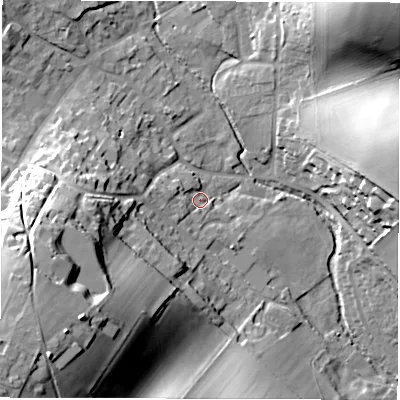 Shaded relief map of the ground around RG178QZ, computed from Environment Agency LiDAR. The ground here sits at about 125 m above sea level and falls 38 m across the surrounding 800 m. Surface water reaching this point runs off ground lying to the south-west, 30.3 m higher.