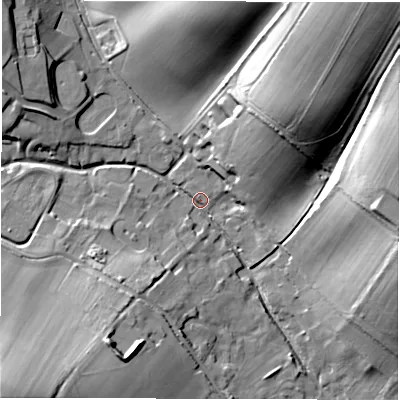 Shaded relief map of the ground around RG178RG, computed from Environment Agency LiDAR. The ground here sits at about 135 m above sea level and falls 44 m across the surrounding 800 m. Surface water reaching this point runs off ground lying to the north-east, 42.1 m higher.