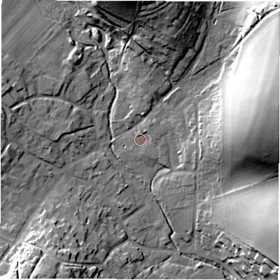 Shaded relief map of the ground around RG178XS, computed from Environment Agency LiDAR. The ground here sits at about 126 m above sea level and falls 32 m across the surrounding 800 m. Surface water reaching this point runs off ground lying to the north-east, 1.4 m higher.
