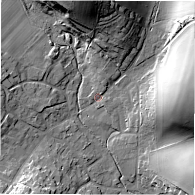 Shaded relief map of the ground around RG178XT, computed from Environment Agency LiDAR. The ground here sits at about 126 m above sea level and falls 34 m across the surrounding 800 m. Surface water reaching this point runs off ground lying to the north, 30.0 m higher.