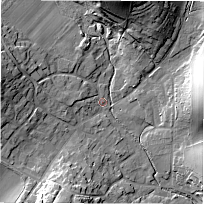 Shaded relief map of the ground around RG178XY, computed from Environment Agency LiDAR. The ground here sits at about 126 m above sea level and falls 27 m across the surrounding 800 m. Surface water reaching this point runs off ground lying to the west, 3.2 m higher.