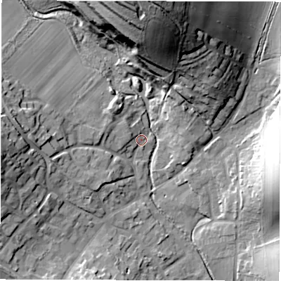 Shaded relief map of the ground around RG178YB, computed from Environment Agency LiDAR. The ground here sits at about 126 m above sea level and falls 39 m across the surrounding 800 m. Surface water reaching this point runs off ground lying to the west-north-west, 3.2 m higher.