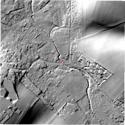 Shaded relief map of the ground around RG178YR, computed from Environment Agency LiDAR. The ground here sits at about 124 m above sea level and falls 36 m across the surrounding 800 m. Surface water reaching this point runs off ground lying to the north-east, 35.1 m higher.