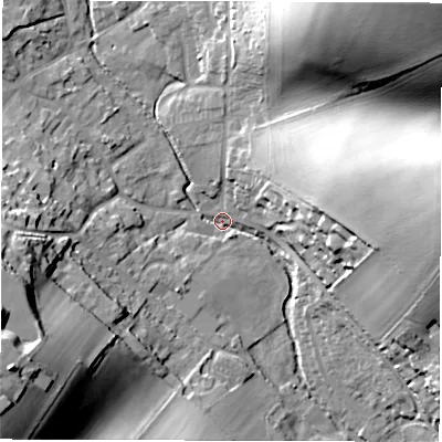 Shaded relief map of the ground around RG178YT, computed from Environment Agency LiDAR. The ground here sits at about 123 m above sea level and falls 36 m across the surrounding 800 m. Surface water reaching this point runs off ground lying to the north-east, 34.3 m higher.