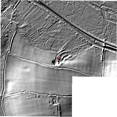 Shaded relief map of the ground around RG179AG, computed from Environment Agency LiDAR. The ground here sits at about 91 m above sea level and falls 16 m across the surrounding 800 m. Surface water reaching this point runs off ground lying to the south, 5.7 m higher.