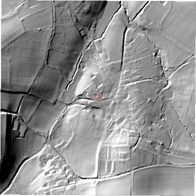 Shaded relief map of the ground around RG179DP, computed from Environment Agency LiDAR. The ground here sits at about 133 m above sea level and falls 38 m across the surrounding 800 m. Surface water reaching this point runs off ground lying to the south-south-east, 16.2 m higher.