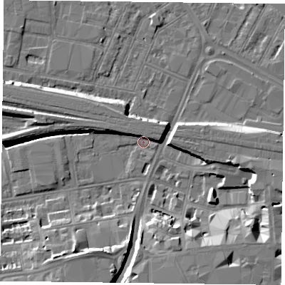 Shaded relief map of the ground around RG17BL, computed from Environment Agency LiDAR. The ground here sits at about 38 m above sea level and falls 10 m across the surrounding 800 m. Surface water reaching this point runs off ground lying to the west-north-west, 6.5 m higher.