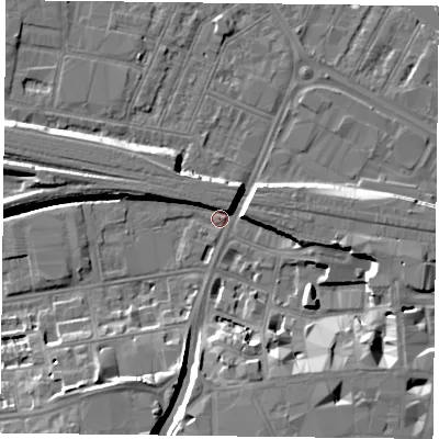 Shaded relief map of the ground around RG17BS, computed from Environment Agency LiDAR. The ground here sits at about 39 m above sea level and falls 10 m across the surrounding 800 m. Surface water reaching this point runs off ground lying to the south-south-east, 8.8 m higher.