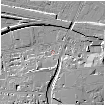 Shaded relief map of the ground around RG17BU, computed from Environment Agency LiDAR. The ground here sits at about 39 m above sea level and falls 11 m across the surrounding 800 m. Surface water reaching this point runs off ground lying to the south-east, 2.3 m higher.