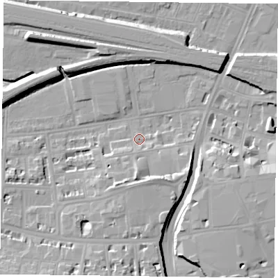 Shaded relief map of the ground around RG17DA, computed from Environment Agency LiDAR. The ground here sits at about 39 m above sea level and falls 11 m across the surrounding 800 m. Surface water reaching this point runs off ground lying to the south, 4.0 m higher.