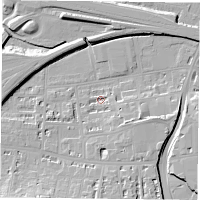 Shaded relief map of the ground around RG17DE, computed from Environment Agency LiDAR. The ground here sits at about 38 m above sea level and falls 14 m across the surrounding 800 m. Surface water reaching this point runs off ground lying to the south-east, 7.9 m higher.