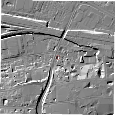 Shaded relief map of the ground around RG17EB, computed from Environment Agency LiDAR. The ground here sits at about 38 m above sea level and falls 10 m across the surrounding 800 m. Surface water reaching this point runs off ground lying to the east-south-east, 8.4 m higher.