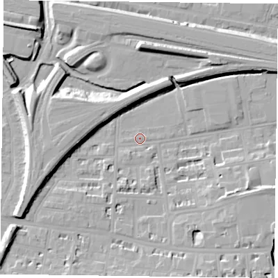 Shaded relief map of the ground around RG17HB, computed from Environment Agency LiDAR. The ground here sits at about 39 m above sea level and falls 12 m across the surrounding 800 m. Surface water reaching this point runs off ground lying to the south-south-west, 2.1 m higher.