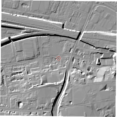 Shaded relief map of the ground around RG17HD, computed from Environment Agency LiDAR. The ground here sits at about 38 m above sea level and falls 11 m across the surrounding 800 m. Surface water reaching this point runs off ground lying to the south-south-west, 8.5 m higher.