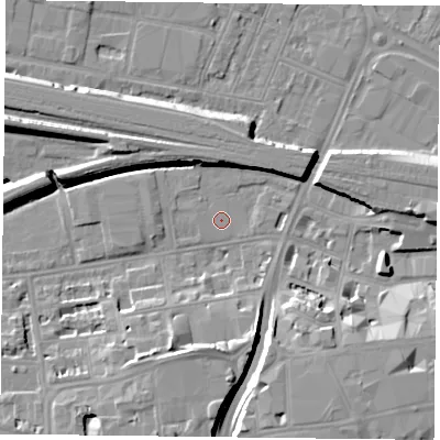 Shaded relief map of the ground around RG17HE, computed from Environment Agency LiDAR. The ground here sits at about 38 m above sea level and falls 11 m across the surrounding 800 m. Surface water reaching this point runs off ground lying to the east, 1.4 m higher.