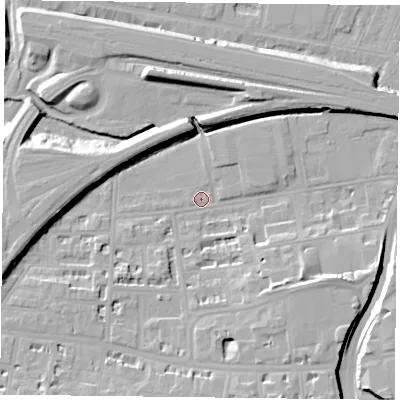 Shaded relief map of the ground around RG17HL, computed from Environment Agency LiDAR. The ground here sits at about 38 m above sea level and falls 12 m across the surrounding 800 m. Surface water reaching this point runs off ground lying to the north, 10.3 m higher.