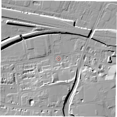 Shaded relief map of the ground around RG17HN, computed from Environment Agency LiDAR. The ground here sits at about 38 m above sea level and falls 11 m across the surrounding 800 m. Surface water reaching this point runs off ground lying to the south, 8.5 m higher.