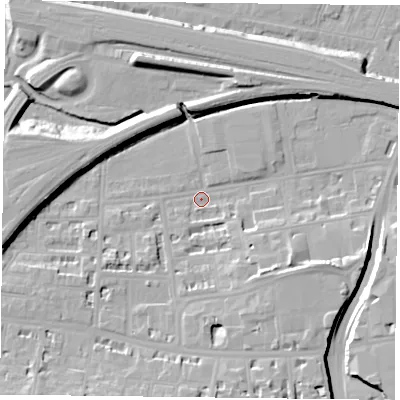 Shaded relief map of the ground around RG17HP, computed from Environment Agency LiDAR. The ground here sits at about 38 m above sea level and falls 11 m across the surrounding 800 m. Surface water reaching this point runs off ground lying to the east-south-east, 8.5 m higher.