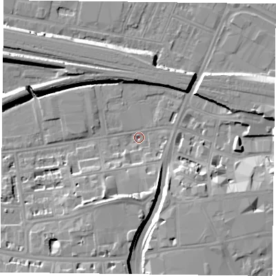 Shaded relief map of the ground around RG17HU, computed from Environment Agency LiDAR. The ground here sits at about 37 m above sea level and falls 11 m across the surrounding 800 m. Surface water reaching this point runs off ground lying to the south-south-west, 8.5 m higher.