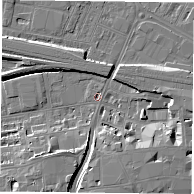 Shaded relief map of the ground around RG17HW, computed from Environment Agency LiDAR. The ground here sits at about 38 m above sea level and falls 10 m across the surrounding 800 m. Surface water reaching this point runs off ground lying to the north-north-east, 1.3 m higher.