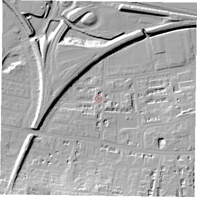 Shaded relief map of the ground around RG17NT, computed from Environment Agency LiDAR. The ground here sits at about 41 m above sea level and falls 17 m across the surrounding 800 m. Surface water reaching this point runs off ground lying to the north-north-west, 2.2 m higher.