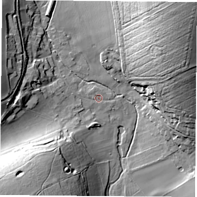 Shaded relief map of the ground around RG180TB, computed from Environment Agency LiDAR. The ground here sits at about 85 m above sea level and falls 51 m across the surrounding 800 m. Surface water reaching this point runs off ground lying to the south-west, 31.2 m higher.