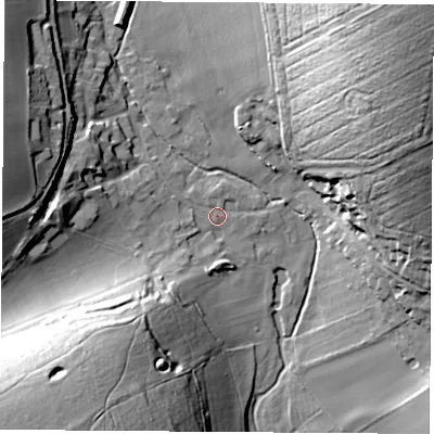 Shaded relief map of the ground around RG180TD, computed from Environment Agency LiDAR. The ground here sits at about 85 m above sea level and falls 51 m across the surrounding 800 m. Surface water reaching this point runs off ground lying to the south-west, 32.5 m higher.