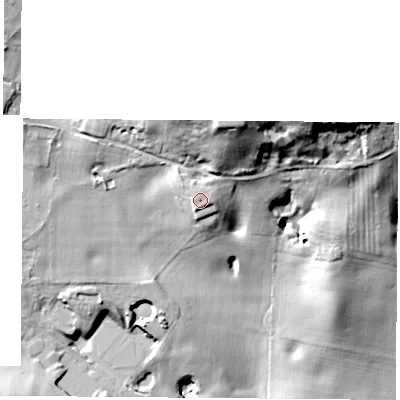 Shaded relief map of the ground around RG180UX, computed from Environment Agency LiDAR. The ground here sits at about 112 m above sea level and falls 37 m across the surrounding 800 m. Surface water reaching this point runs off ground lying to the north-west, 2.0 m higher.