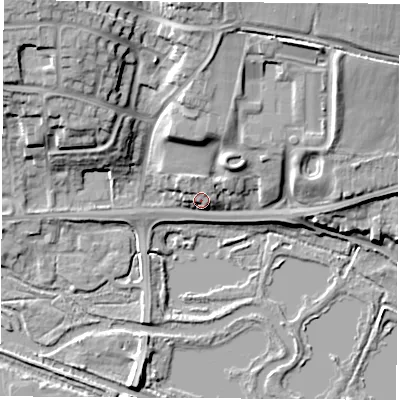 Shaded relief map of the ground around RG183AA, computed from Environment Agency LiDAR. The ground here sits at about 77 m above sea level and falls 20 m across the surrounding 800 m. Surface water reaching this point runs off ground lying to the north, 13.2 m higher.