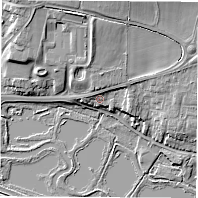Shaded relief map of the ground around RG183AD, computed from Environment Agency LiDAR. The ground here sits at about 77 m above sea level and falls 17 m across the surrounding 800 m. Surface water reaching this point runs off ground lying to the east-north-east, 3.9 m higher.