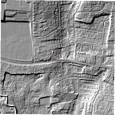 Shaded relief map of the ground around RG183BH, computed from Environment Agency LiDAR. The ground here sits at about 78 m above sea level and falls 14 m across the surrounding 800 m. Surface water reaching this point runs off ground lying to the north-west, 3.3 m higher.