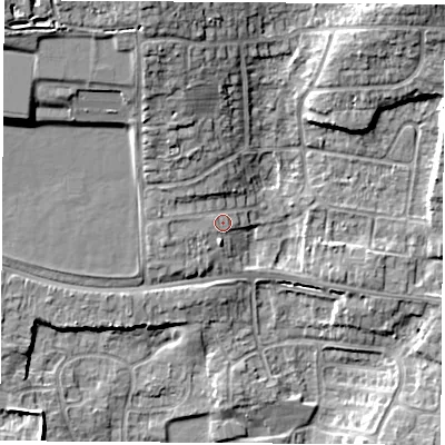 Shaded relief map of the ground around RG183BL, computed from Environment Agency LiDAR. The ground here sits at about 79 m above sea level and falls 15 m across the surrounding 800 m. Surface water reaching this point runs off ground lying to the north-north-west, 6.4 m higher.
