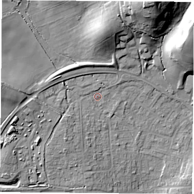Shaded relief map of the ground around RG183DB, computed from Environment Agency LiDAR. The ground here sits at about 86 m above sea level and falls 38 m across the surrounding 800 m. Surface water reaching this point runs off ground lying to the north-north-east, 26.5 m higher.