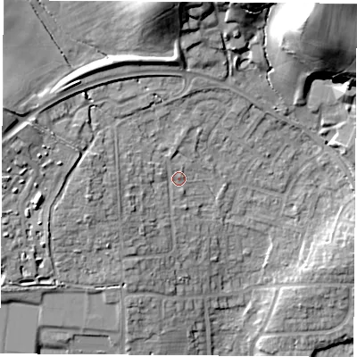 Shaded relief map of the ground around RG183DH, computed from Environment Agency LiDAR. The ground here sits at about 85 m above sea level and falls 29 m across the surrounding 800 m. Surface water reaching this point runs off ground lying to the north, 17.2 m higher.