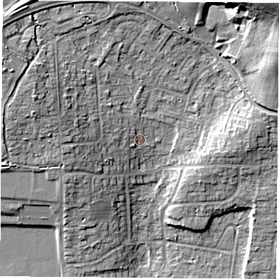 Shaded relief map of the ground around RG183DJ, computed from Environment Agency LiDAR. The ground here sits at about 82 m above sea level and falls 21 m across the surrounding 800 m. Surface water reaching this point runs off ground lying to the west-north-west, 8.2 m higher.