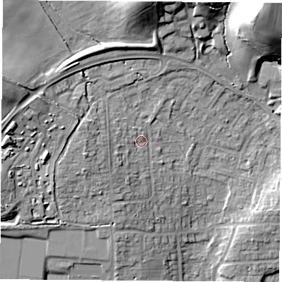 Shaded relief map of the ground around RG183DQ, computed from Environment Agency LiDAR. The ground here sits at about 86 m above sea level and falls 29 m across the surrounding 800 m. Surface water reaching this point runs off ground lying to the north, 15.8 m higher.