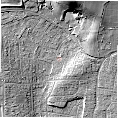 Shaded relief map of the ground around RG183DT, computed from Environment Agency LiDAR. The ground here sits at about 82 m above sea level and falls 27 m across the surrounding 800 m. Surface water reaching this point runs off ground lying to the north, 22.4 m higher.