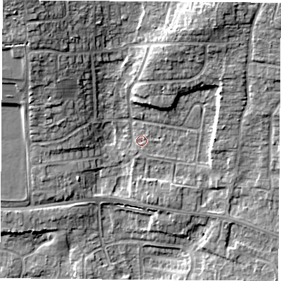 Shaded relief map of the ground around RG183DU, computed from Environment Agency LiDAR. The ground here sits at about 78 m above sea level and falls 16 m across the surrounding 800 m. Surface water reaching this point runs off ground lying to the north-north-east, 9.3 m higher.