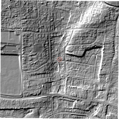 Shaded relief map of the ground around RG183DY, computed from Environment Agency LiDAR. The ground here sits at about 78 m above sea level and falls 17 m across the surrounding 800 m. Surface water reaching this point runs off ground lying to the north-west, 12.0 m higher.