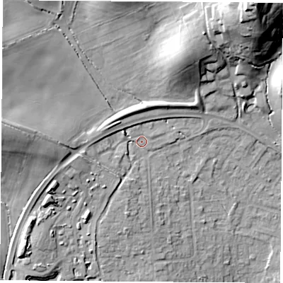 Shaded relief map of the ground around RG183HA, computed from Environment Agency LiDAR. The ground here sits at about 88 m above sea level and falls 41 m across the surrounding 800 m. Surface water reaching this point runs off ground lying to the west-south-west, 8.0 m higher.