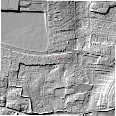 Shaded relief map of the ground around RG183HJ, computed from Environment Agency LiDAR. The ground here sits at about 78 m above sea level and falls 16 m across the surrounding 800 m. Surface water reaching this point runs off ground lying to the south, 0.8 m higher.