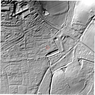 Shaded relief map of the ground around RG184BA, computed from Environment Agency LiDAR. The ground here sits at about 85 m above sea level and falls 35 m across the surrounding 800 m. Surface water reaching this point runs off ground lying to the north-west, 26.6 m higher.