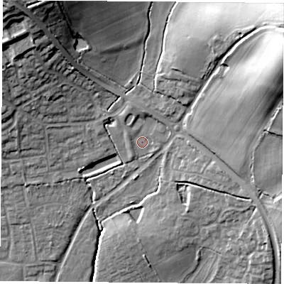 Shaded relief map of the ground around RG184QH, computed from Environment Agency LiDAR. The ground here sits at about 86 m above sea level and falls 43 m across the surrounding 800 m. Surface water reaching this point runs off ground lying to the north-west, 4.4 m higher.