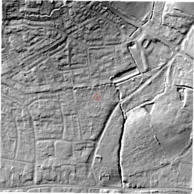 Shaded relief map of the ground around RG184QR, computed from Environment Agency LiDAR. The ground here sits at about 82 m above sea level and falls 25 m across the surrounding 800 m. Surface water reaching this point runs off ground lying to the north-north-west, 15.4 m higher.