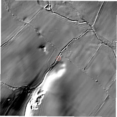 Shaded relief map of the ground around RG189UT, computed from Environment Agency LiDAR. The ground here sits at about 72 m above sea level and falls 26 m across the surrounding 800 m. Surface water reaching this point runs off ground lying to the west-south-west, 24.0 m higher.