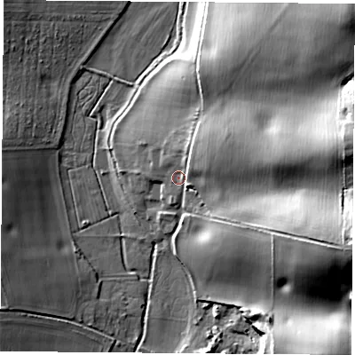 Shaded relief map of the ground around RG189UZ, computed from Environment Agency LiDAR. The ground here sits at about 80 m above sea level and falls 31 m across the surrounding 800 m. Surface water reaching this point runs off ground lying to the east-north-east, 9.0 m higher.