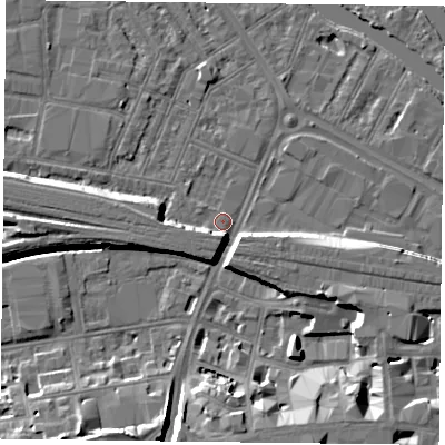 Shaded relief map of the ground around RG18AA, computed from Environment Agency LiDAR. The ground here sits at about 38 m above sea level and falls 10 m across the surrounding 800 m. Surface water reaching this point runs off ground lying to the south-south-east, 8.7 m higher.