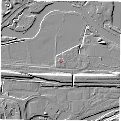 Shaded relief map of the ground around RG18AB, computed from Environment Agency LiDAR. The ground here sits at about 38 m above sea level and falls 10 m across the surrounding 800 m. The ground contributing surface water to this point lies to the south-west.